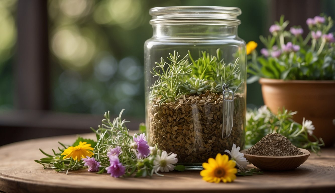 A serene, natural setting with a jar of Herbal Face Food and various fresh herbs and flowers. A glowing, radiant skin tone on display