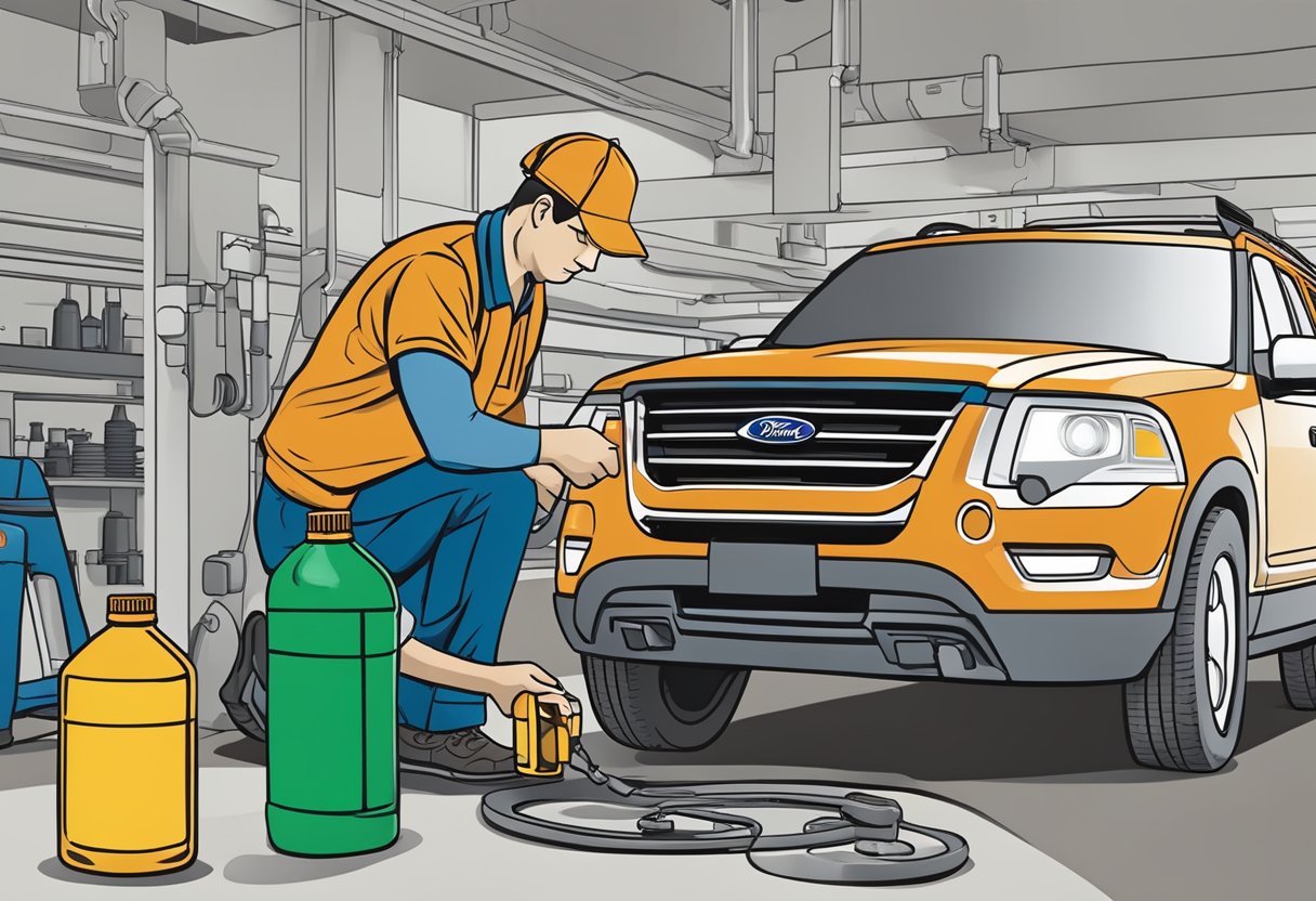 A mechanic pours differential oil into a Ford Explorer, using a labeled bottle of the recommended oil type