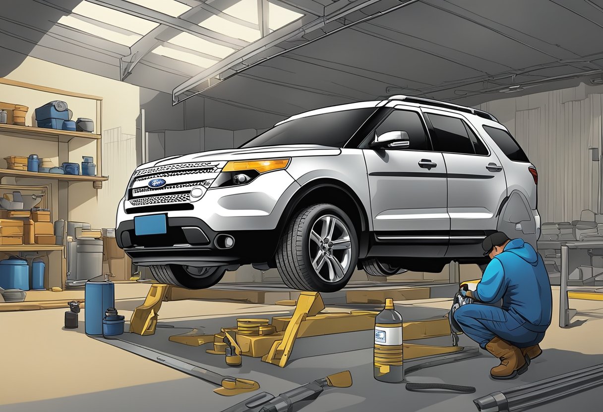 A mechanic pours differential oil into a Ford Explorer, inspecting for issues. Tools and a manual are nearby
