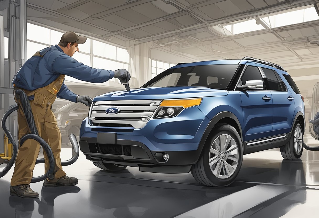 A mechanic pours differential oil into a Ford Explorer, following manufacturer's guidelines for maintenance and care