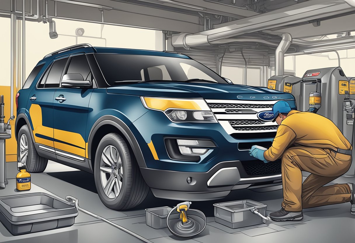 A mechanic pouring differential oil into a Ford Explorer, with the specific oil type clearly labeled on the container