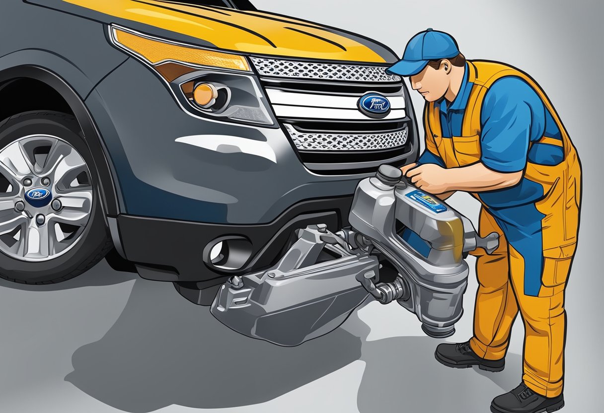A mechanic pours differential oil into a Ford Explorer's differential, following the manufacturer's recommended capacity
