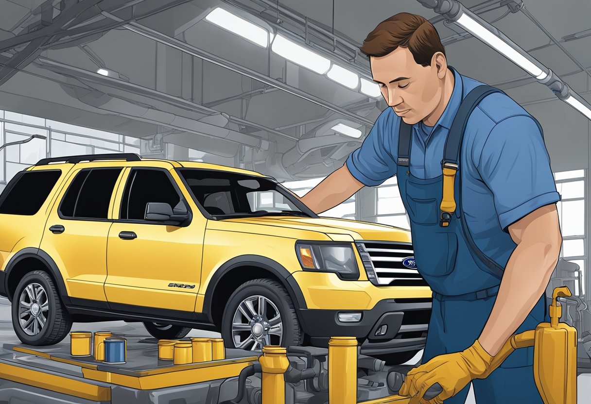 A mechanic pours differential oil into a Ford Explorer's differential, checking the capacity as it fills