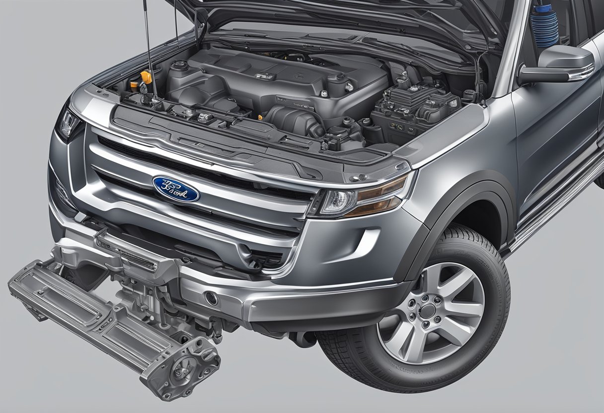 A Ford Explorer with its differential cover removed, showing the oil capacity and level indicator
