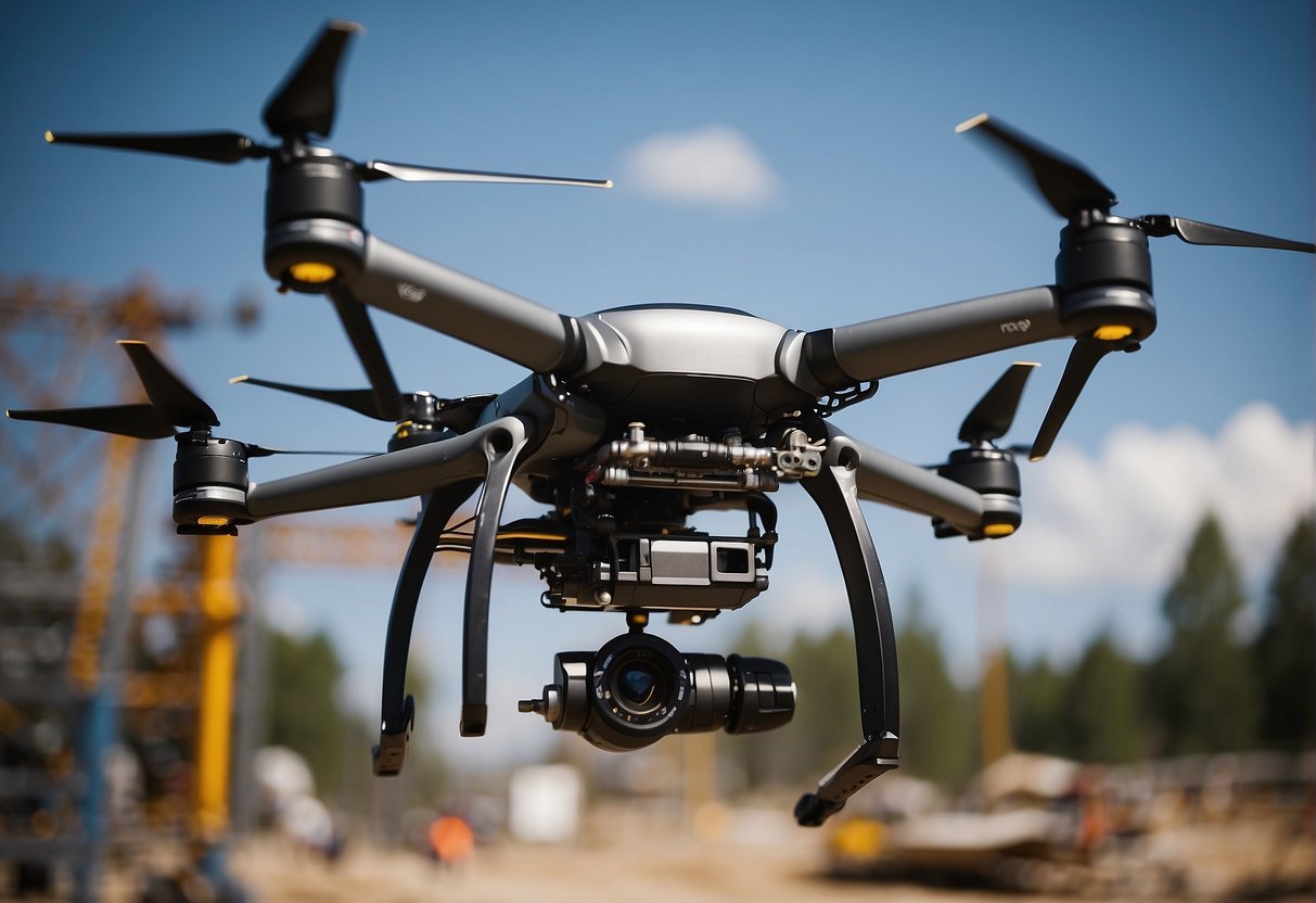 A heavy lift drone hovers over a construction site, lifting large steel beams with precision and strength