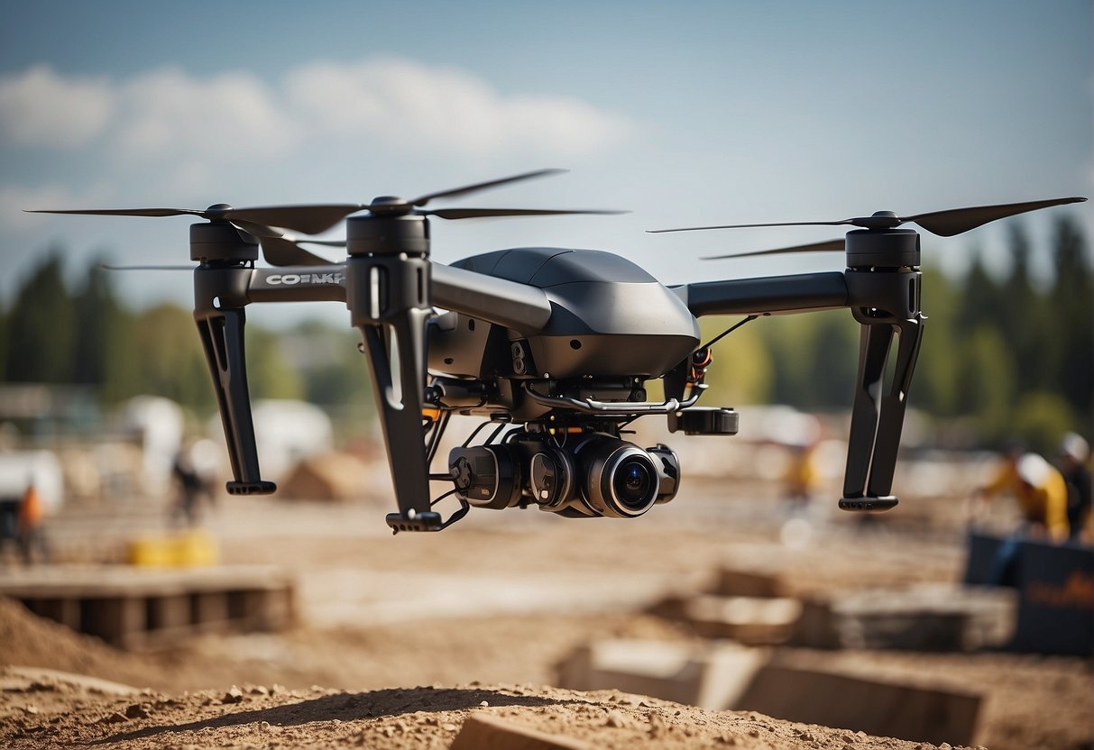 A heavy lift drone hovers over a construction site, carrying a large load of building materials with precision and stability