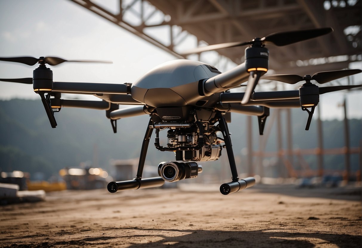 A heavy lift drone hovers above a construction site, lifting a large steel beam with precision and power. Its sturdy frame and powerful propellers showcase its impressive performance and specifications