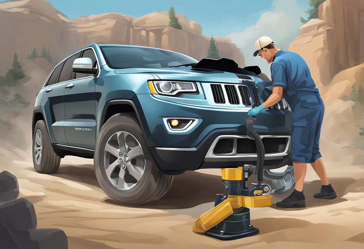 A mechanic pours differential oil into a Jeep Grand Cherokee