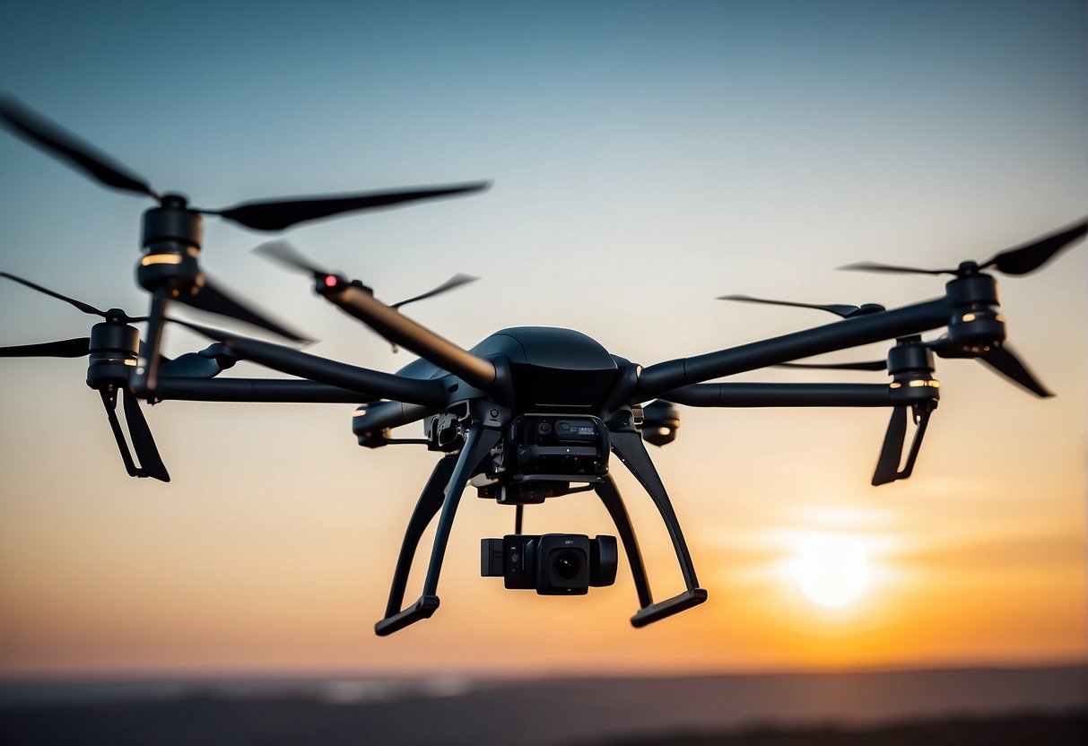 A heavy lift drone with camera and gimbal systems hovers mid-air, its propellers whirring as it maintains stability