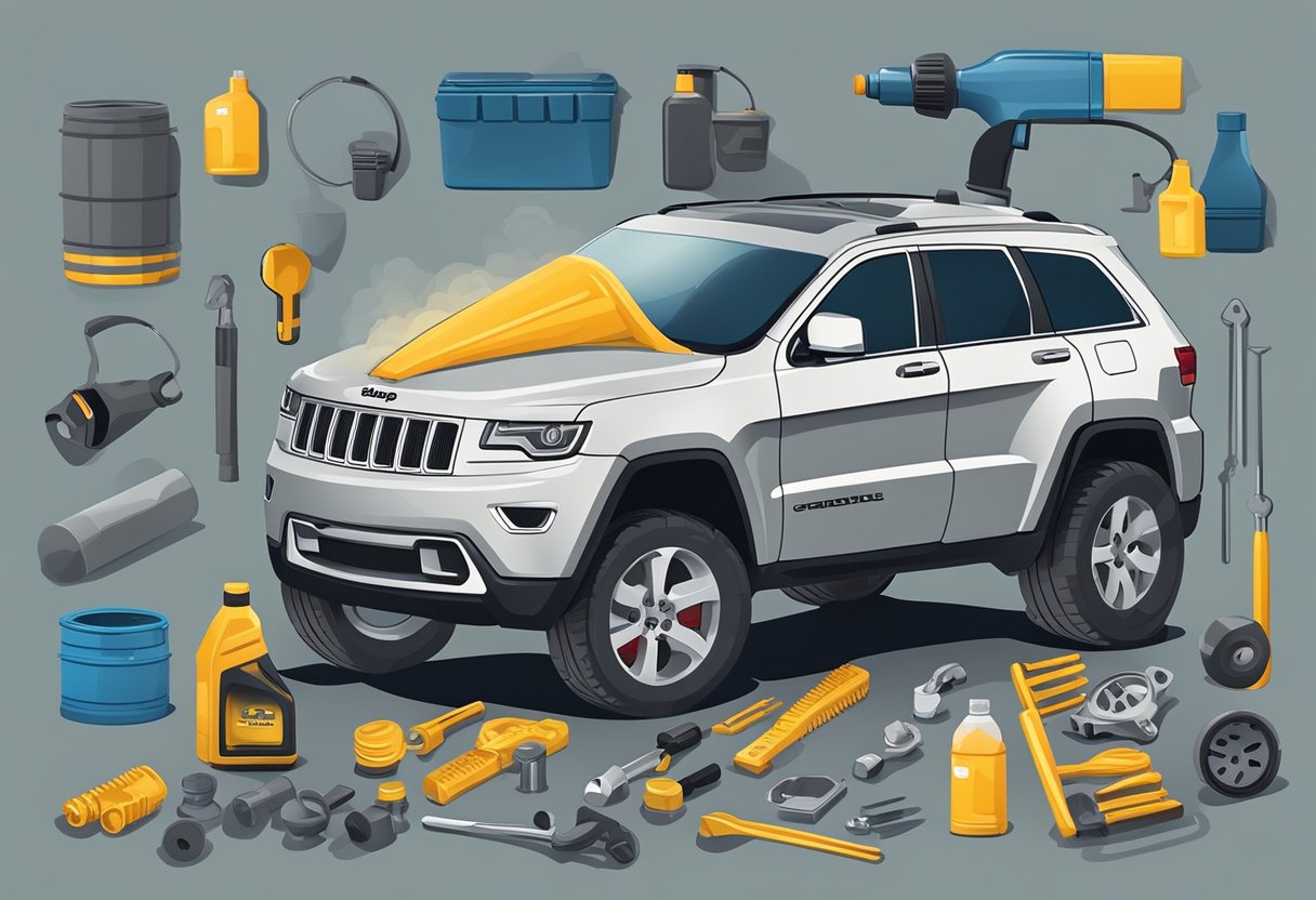 A mechanic pouring differential oil into a Jeep Grand Cherokee, with various oil types and tools displayed nearby for troubleshooting and tips