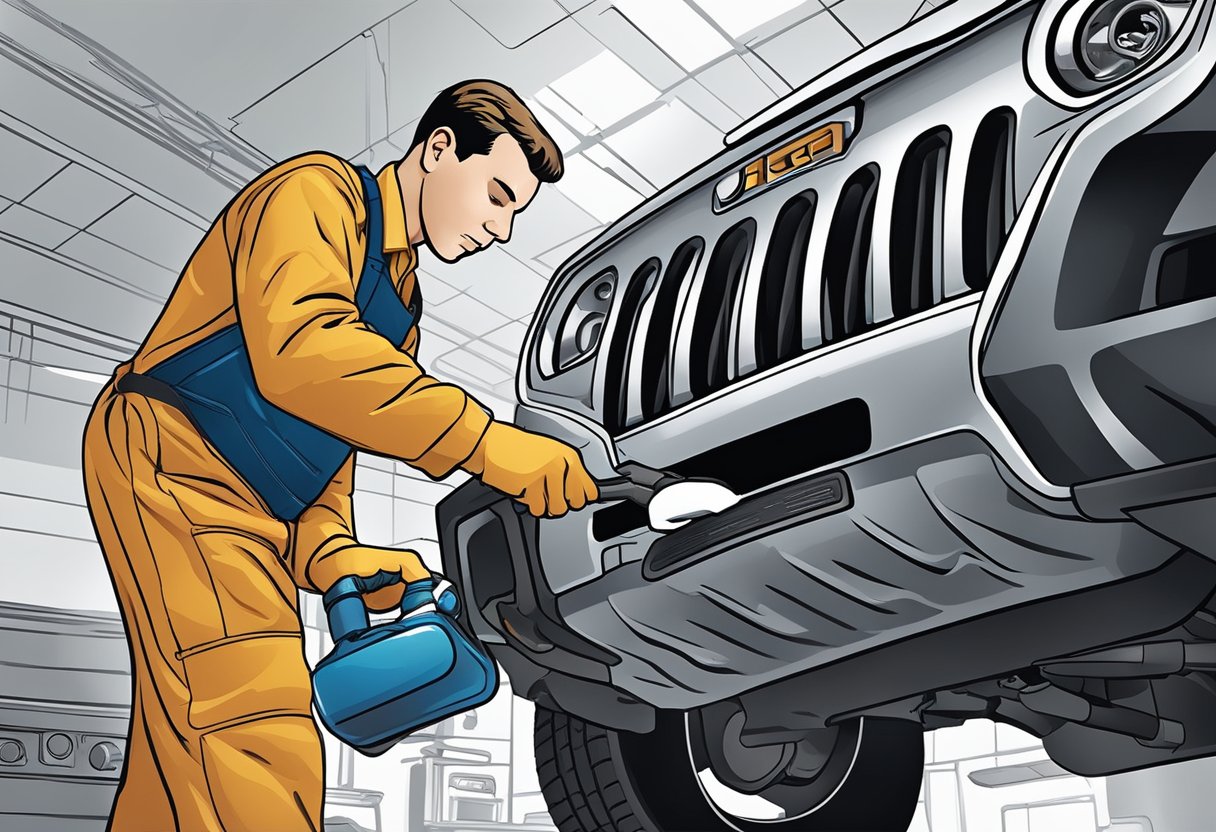 A mechanic pours differential oil into a Jeep Grand Cherokee, carefully ensuring the correct type is used