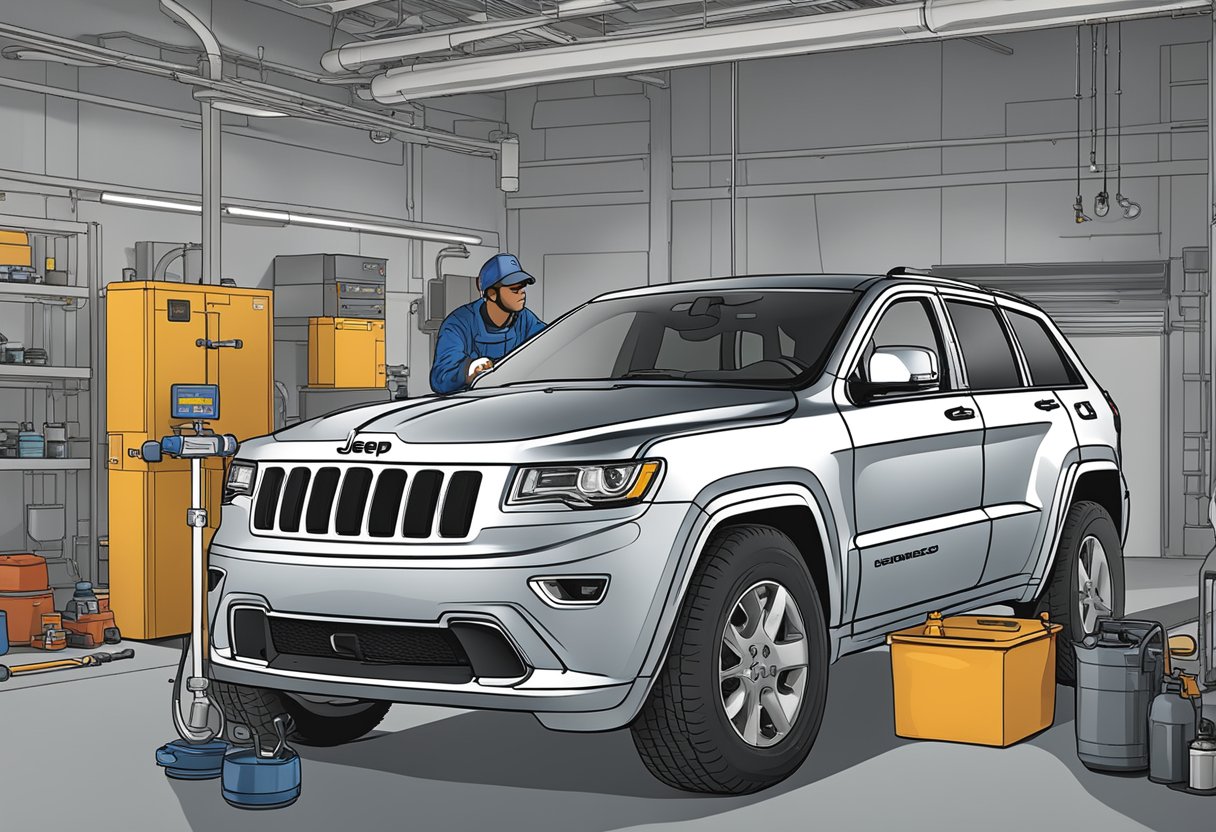 A Jeep Grand Cherokee sits in a garage, with a mechanic pouring differential oil into the rear differential. Labels indicate the specific type of oil required for different models