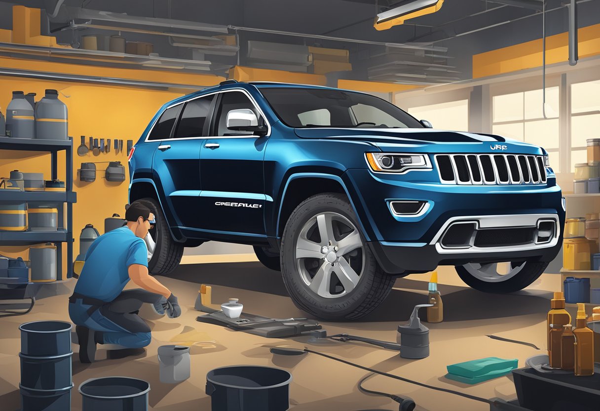 A Jeep Grand Cherokee sits in a garage, surrounded by various brands of differential oil. A mechanic pours the recommended oil into the differential