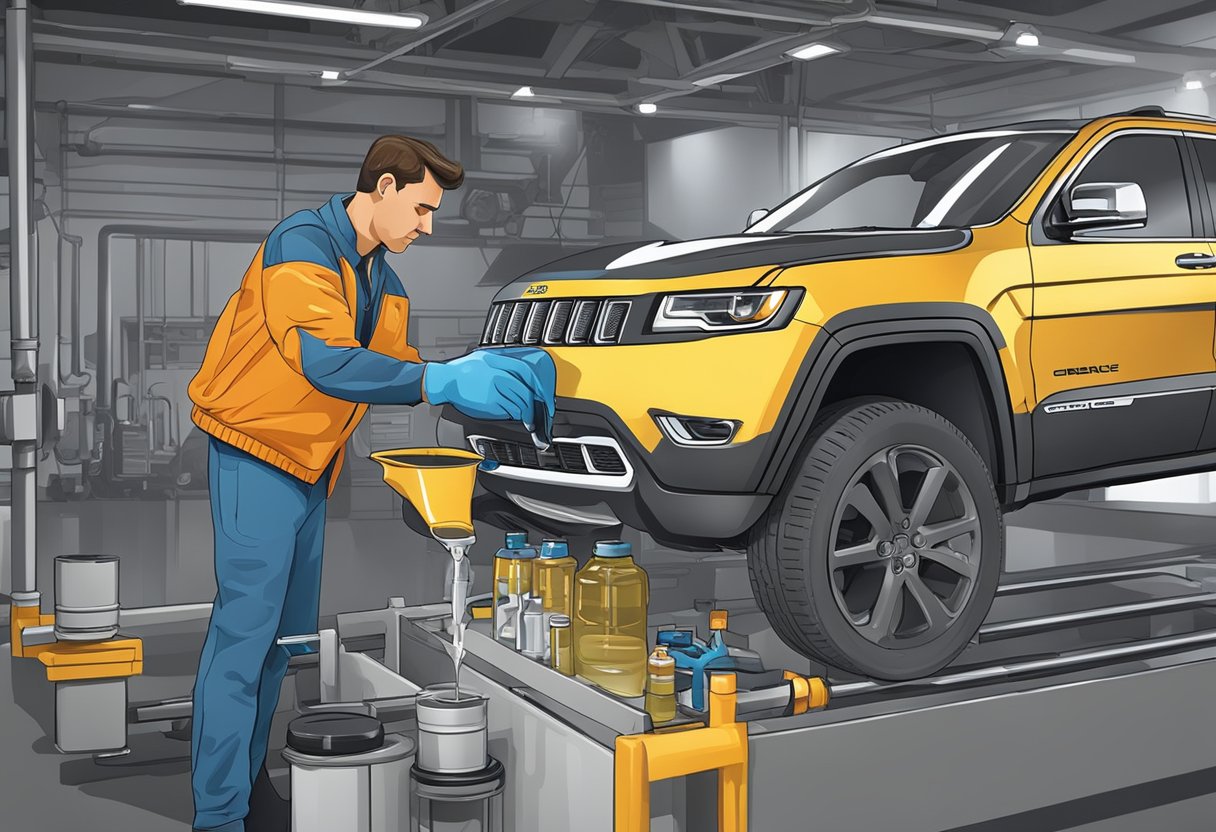 A mechanic pours differential oil into a Jeep Grand Cherokee, checking the capacity as it fills