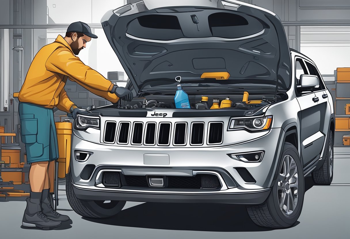 The mechanic pours differential oil into a Jeep Grand Cherokee, with various fluid containers and the vehicle's differential in the background