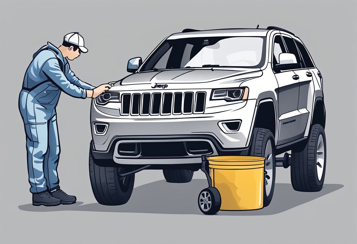 The mechanic pours differential oil into the Jeep Grand Cherokee's rear differential, ensuring it reaches the correct capacity. Common issues are noted on a nearby checklist