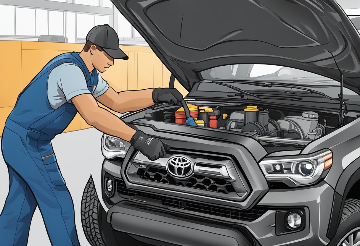 A mechanic pours differential oil into a Toyota Tacoma's differential, using the recommended oil type for the vehicle
