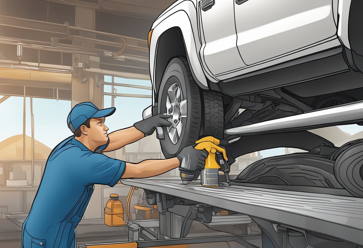 A mechanic pours differential oil into a Toyota Tacoma, checking for leaks and ensuring proper viscosity