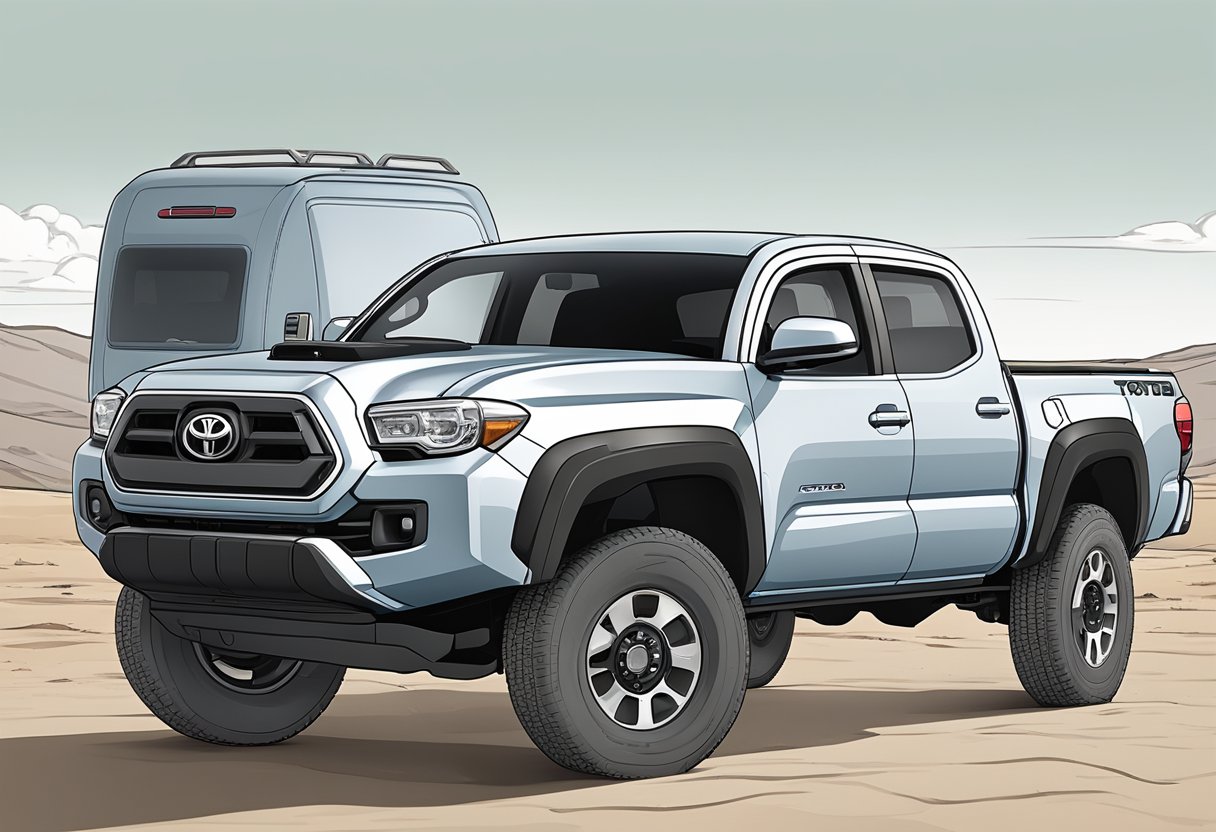 A Toyota Tacoma truck parked on a flat surface with the rear differential cover removed and a measuring container next to it