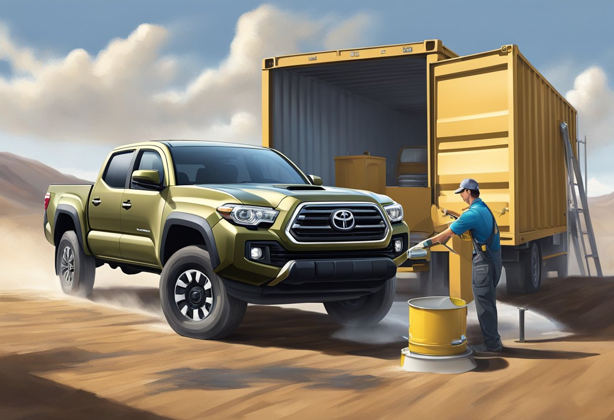 A Toyota Tacoma's differential, with oil being poured into it from a container. The vehicle is parked on a level surface, and the oil capacity is being carefully measured and filled