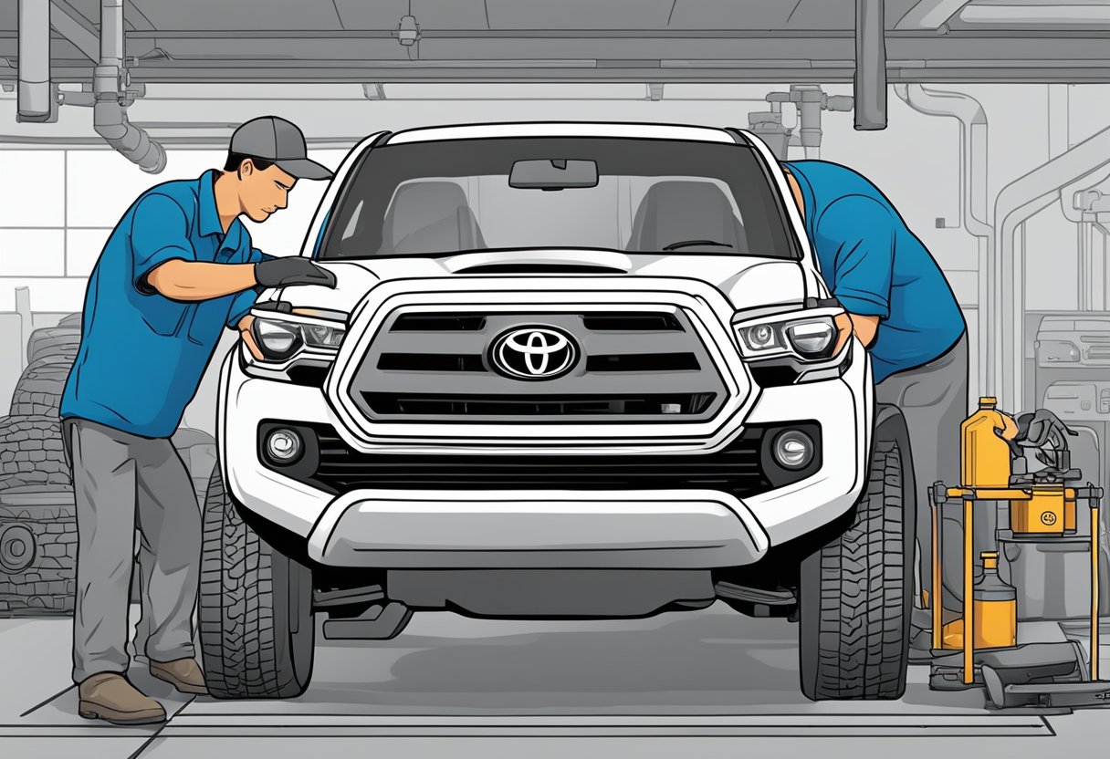 A mechanic pours differential oil into a Toyota Tacoma, following step-by-step instructions. The oil capacity is carefully measured and filled