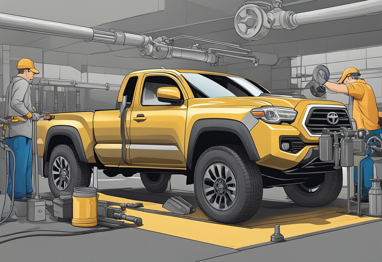 A mechanic pours differential oil into a Toyota Tacoma's differential, following the manufacturer's recommended capacity