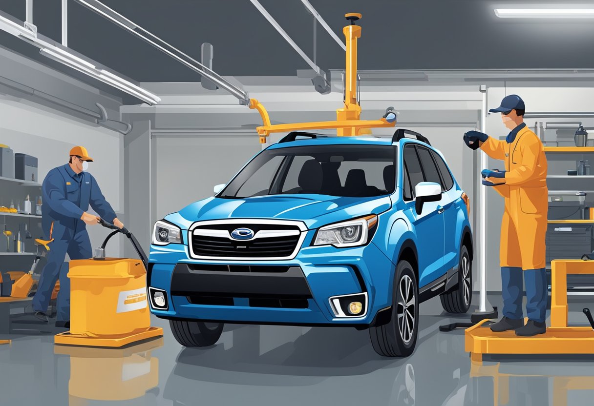 A mechanic pours differential oil into a Subaru Forester, following manufacturer's specifications. The vehicle is raised on a hydraulic lift in a clean and organized garage