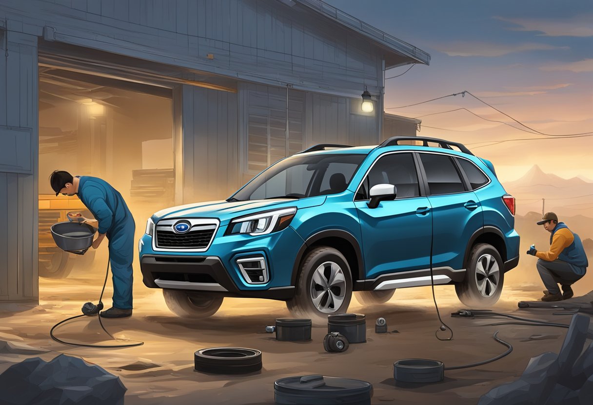 A Subaru Forester with its rear differential exposed, oil leaking from a cracked seal, and a mechanic diagnosing the issue with a flashlight