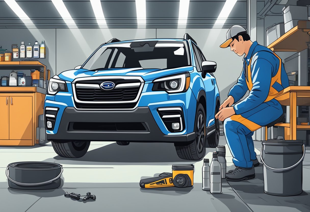 A Subaru Forester sits on a clean, well-lit garage floor. A mechanic holds a bottle of differential oil next to the open rear differential
