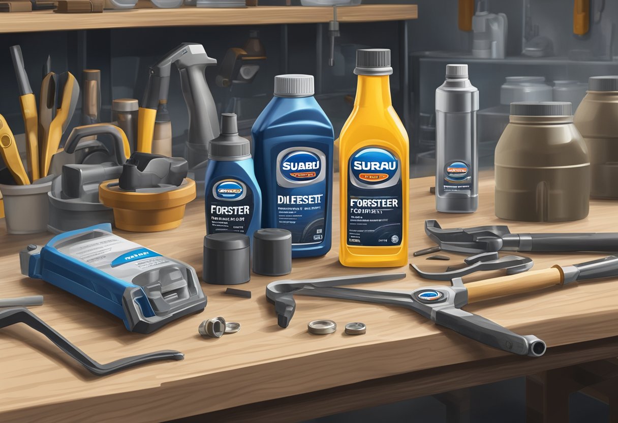 A bottle of Subaru Forester differential oil sits on a clean workbench, surrounded by various tools and equipment