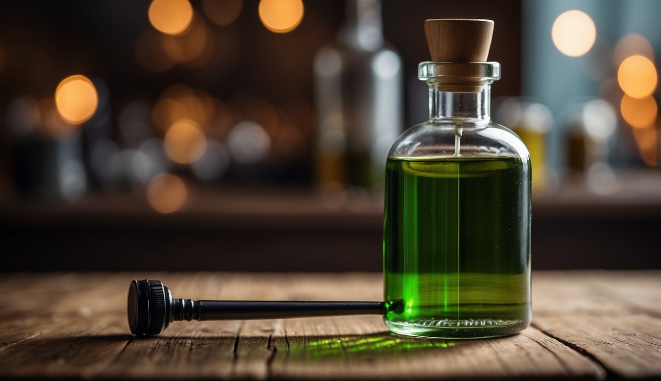 A glass bottle of alternative solvents alcohol tincture sits on a wooden table, with a dropper next to it