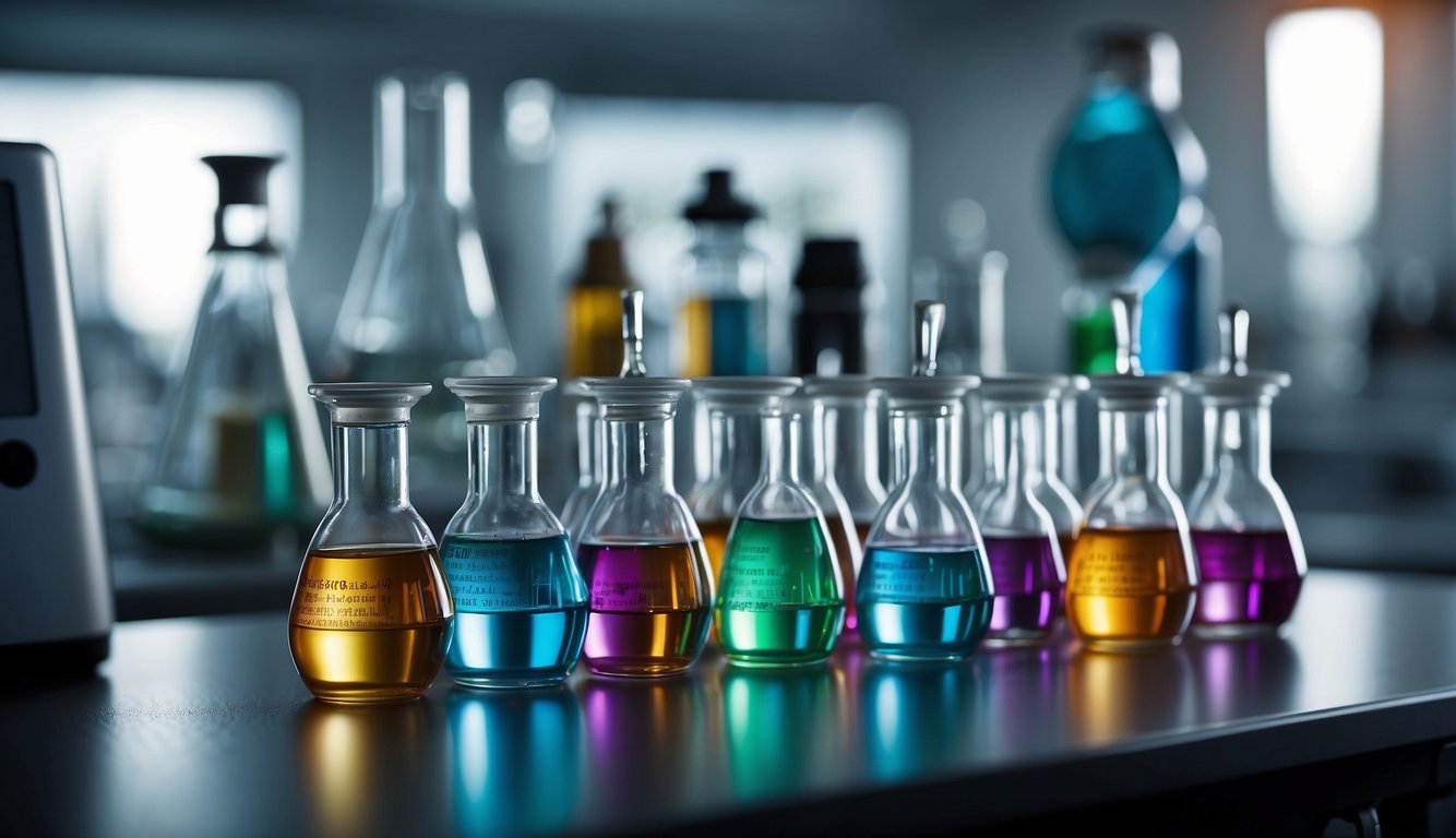 A laboratory table holds various glass vials and beakers filled with colorful liquid. A small dropper is suspended over one of the vials, ready to extract the advanced techniques alcohol tincture