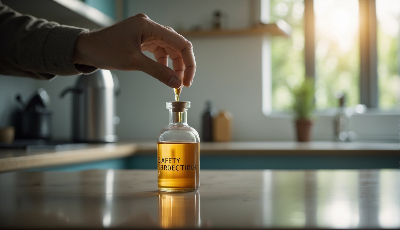 A hand reaches for a bottle labeled "Safety and Precautions alcohol tincture" on a clean, well-lit countertop