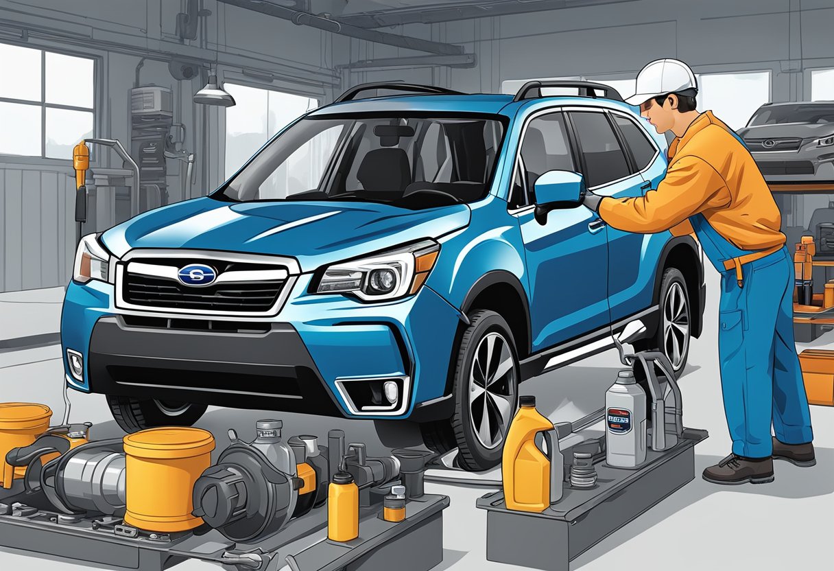 A mechanic pours differential oil into a Subaru Forester, displaying various fluid types and lubrication tools nearby