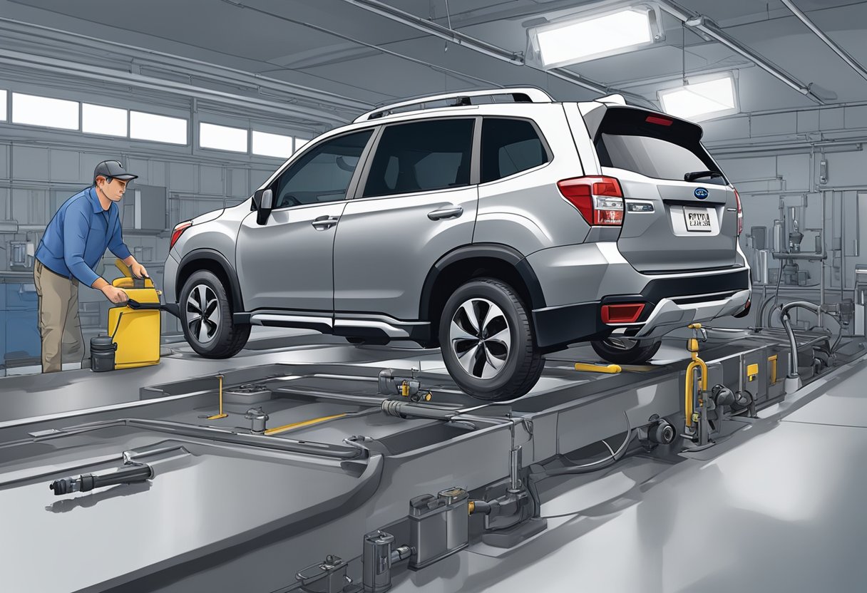 A Subaru Forester sits on a level surface, with a drain pan positioned underneath. A mechanic unscrews the differential drain plug, allowing the oil to flow out. The capacity of the differential is then measured and recorded