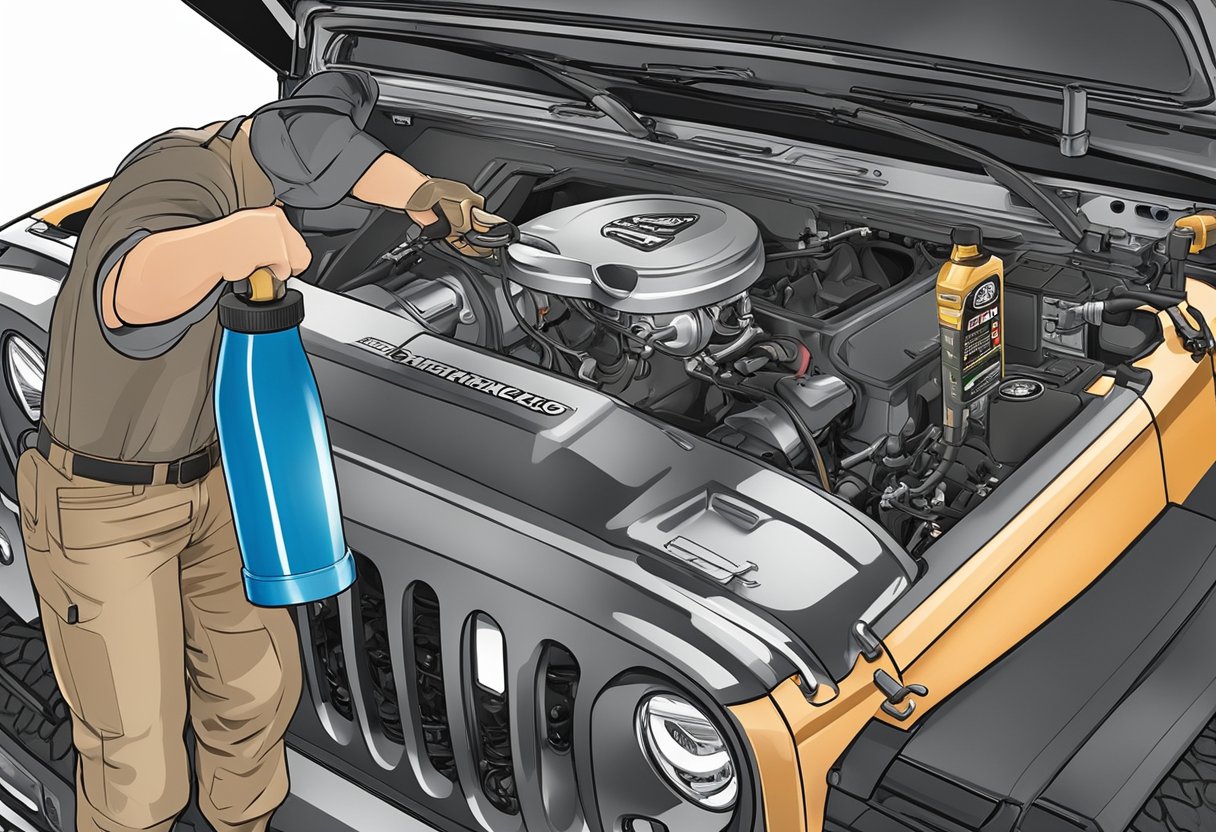 A mechanic pours differential oil into a Jeep Wrangler's differential, using a funnel to ensure precision. The oil type is clearly labeled on the bottle