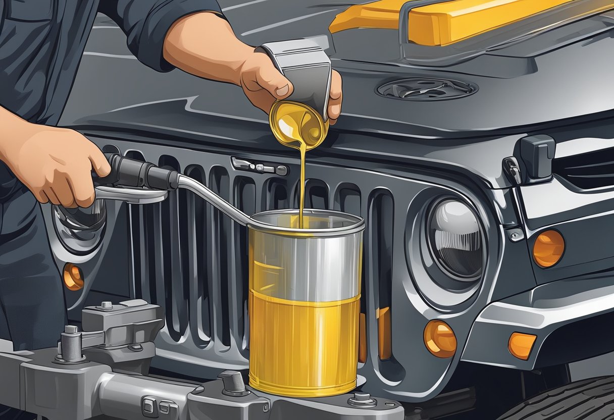 A mechanic pours differential oil into a Jeep Wrangler, following maintenance tips. The oil type is clearly labeled on the container