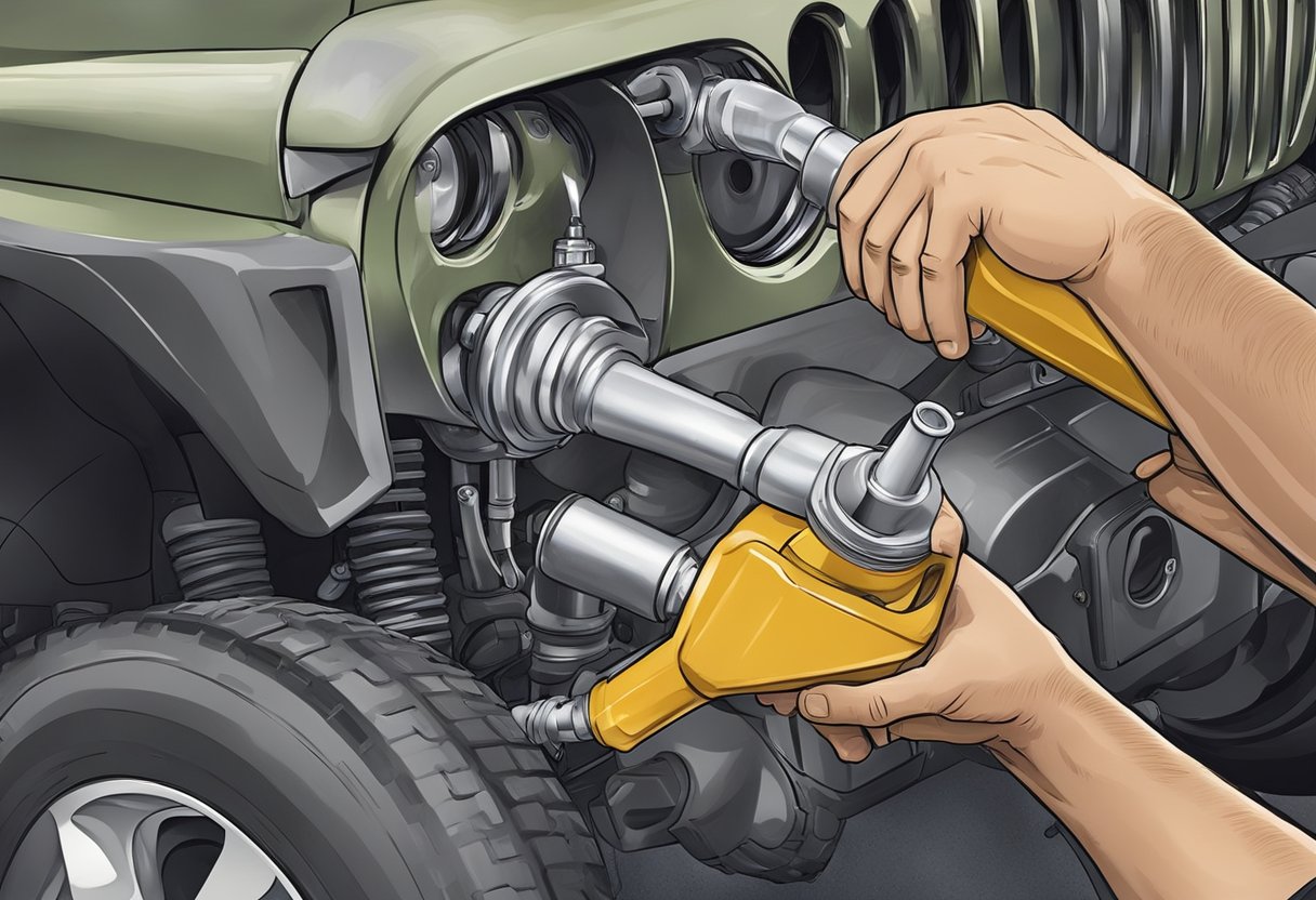 A mechanic pours differential oil into a Jeep Wrangler's rear axle, using a funnel and a steady hand