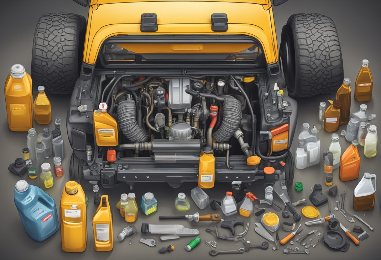 A Jeep Wrangler with an open hood, labeled differential oil type, surrounded by various oil bottles and tools