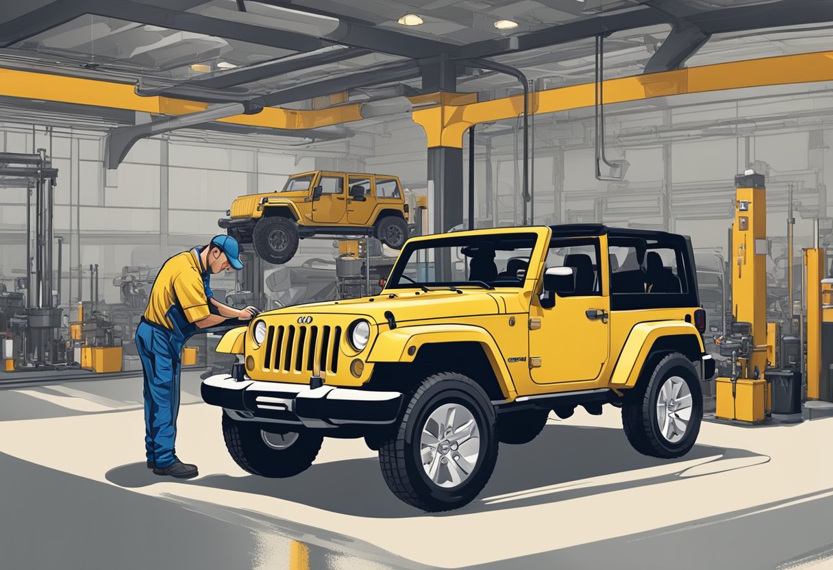 A mechanic pours differential oil into a Jeep Wrangler's differential, carefully measuring the capacity to ensure proper lubrication