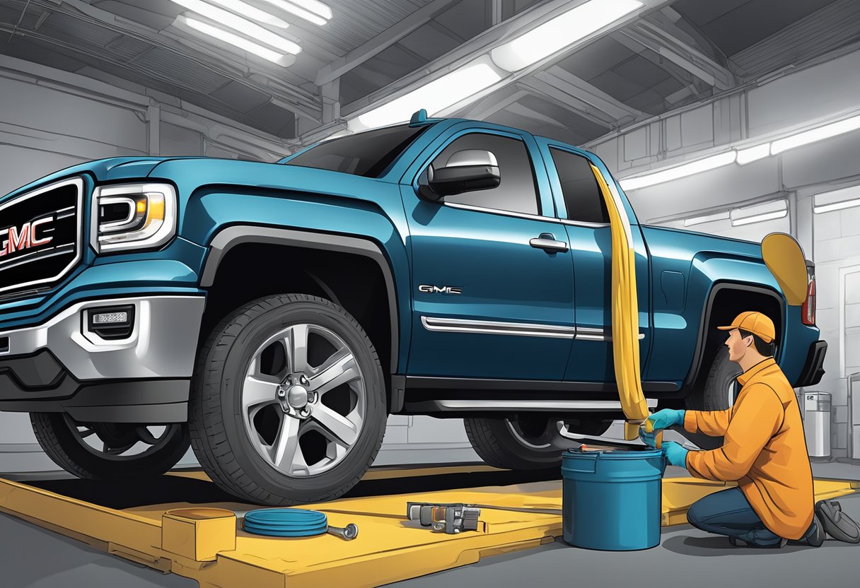 A mechanic pours differential oil into a GMC Sierra 1500, checking and maintaining fluid levels