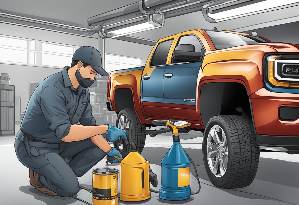 A mechanic pours differential oil into a GMC Sierra 1500, carefully selecting the right type for optimal performance
