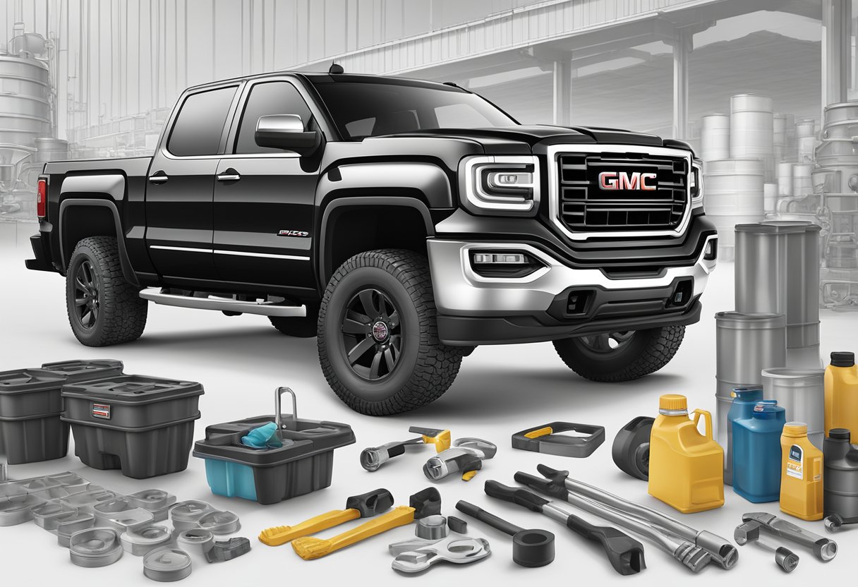 A GMC Sierra 1500 truck with its differential exposed, surrounded by various types of differential oil containers and tools