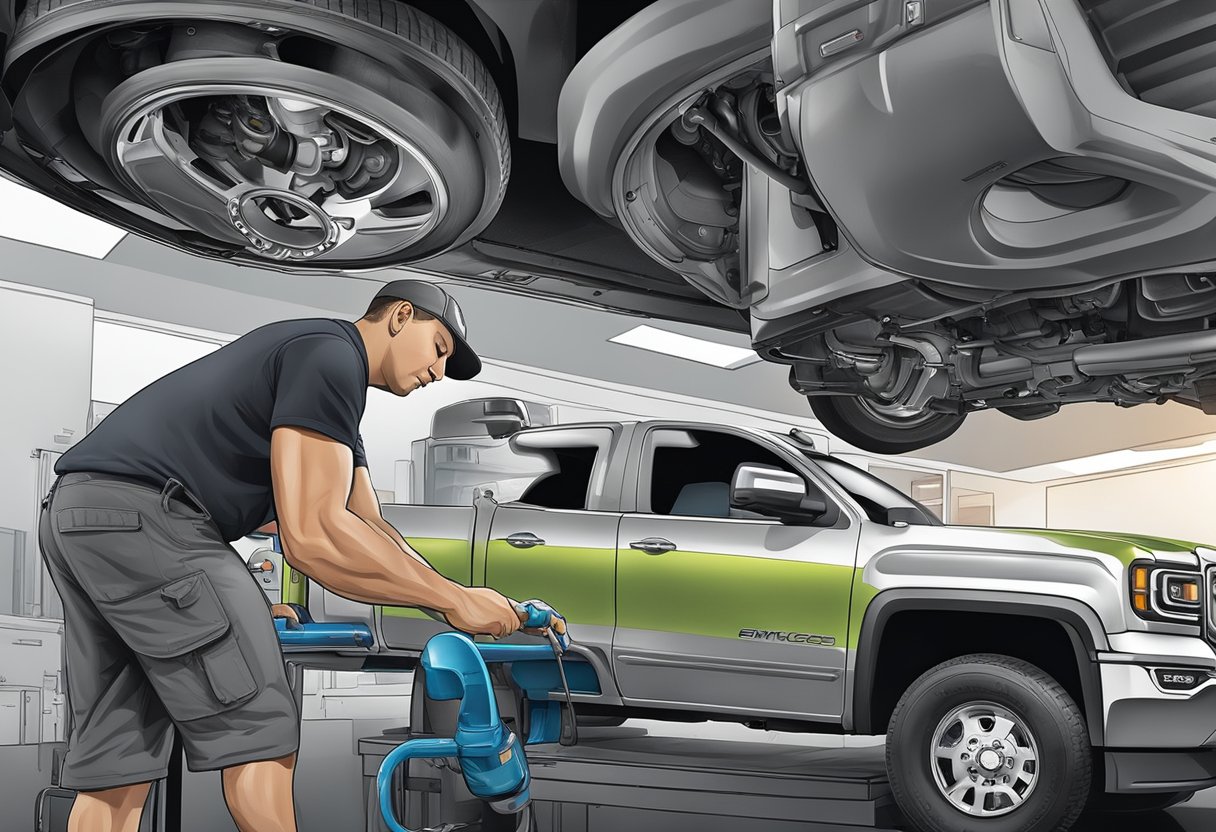 The GMC Sierra 1500's differential oil is being changed, with a mechanic pouring in a high-performance oil to enhance the truck's differential performance