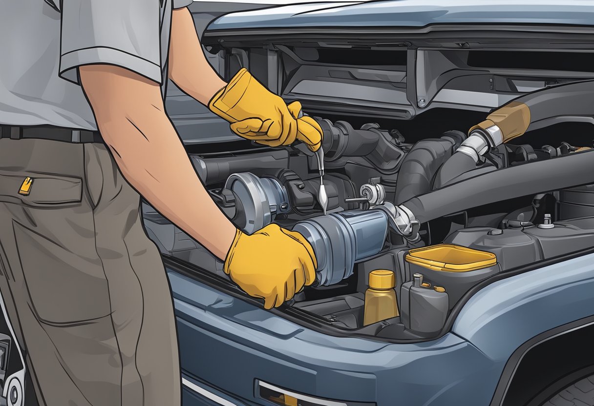 A mechanic pouring differential oil into a GMC Sierra 2500, with the oil type clearly labeled on the container