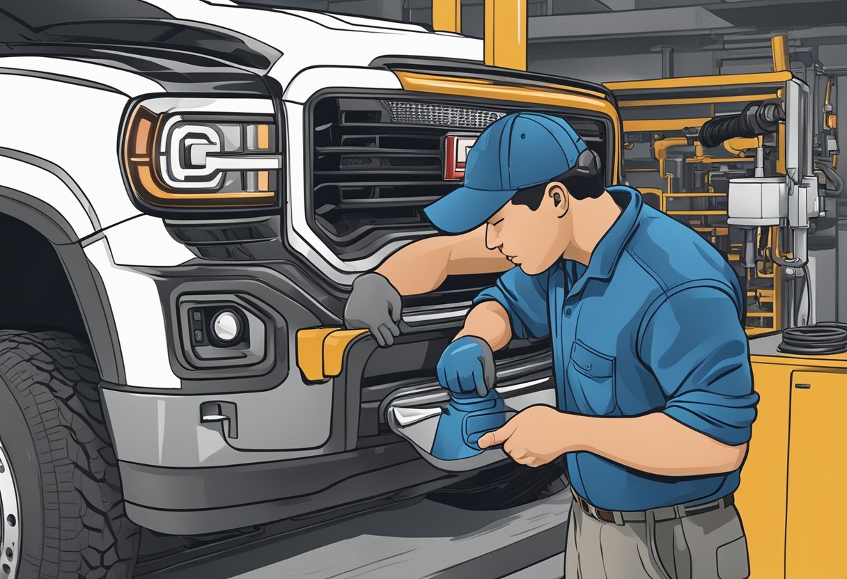 A mechanic pours differential oil into a GMC Sierra 2500, carefully checking the type and quantity to troubleshoot common issues
