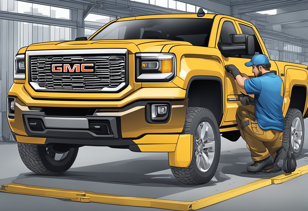 A mechanic pours differential oil into a GMC Sierra 2500, with warranty and maintenance information displayed in the background