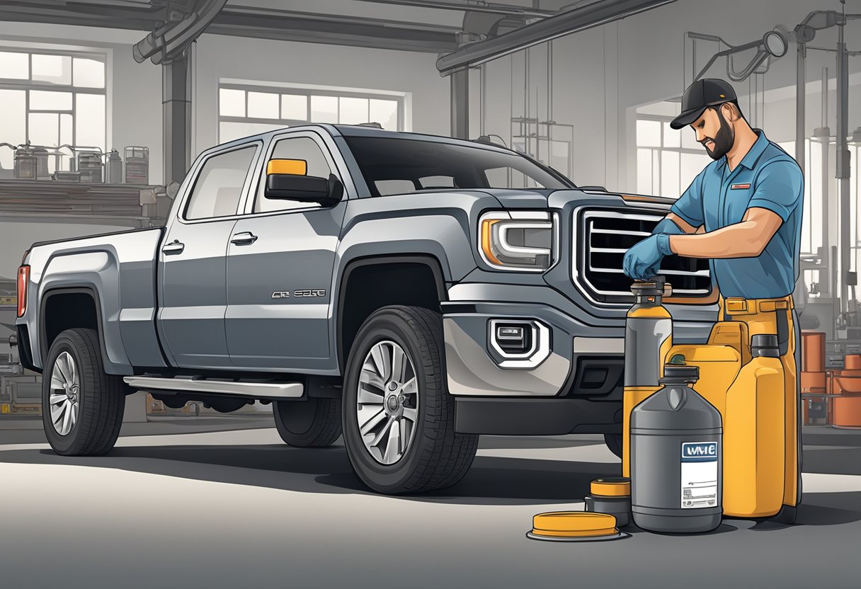 A mechanic pours differential oil into a GMC Sierra 2500, with a clear label showing the recommended oil type