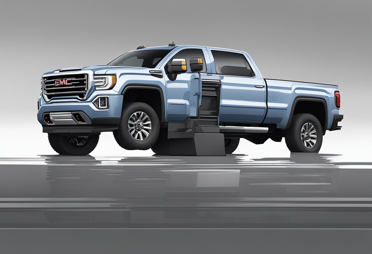 The GMC Sierra 2500 differential oil capacity is 2.5 quarts. The truck is parked on a level surface, with the rear end raised for easy access to the differential. The oil drain plug is located at the bottom of the differential