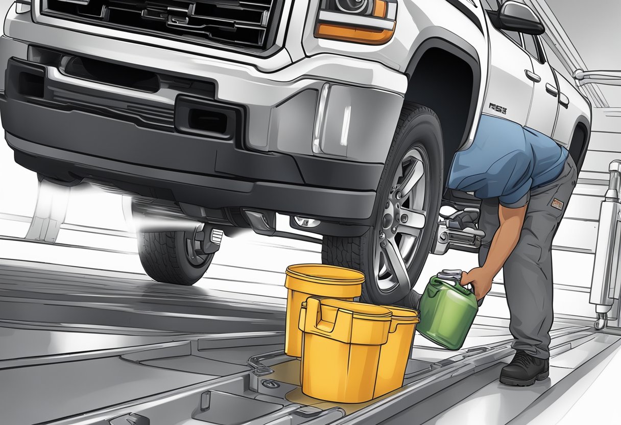 A mechanic pours differential oil into a GMC Sierra 2500, following performance and efficiency tips. The oil capacity is clearly labeled on the container
